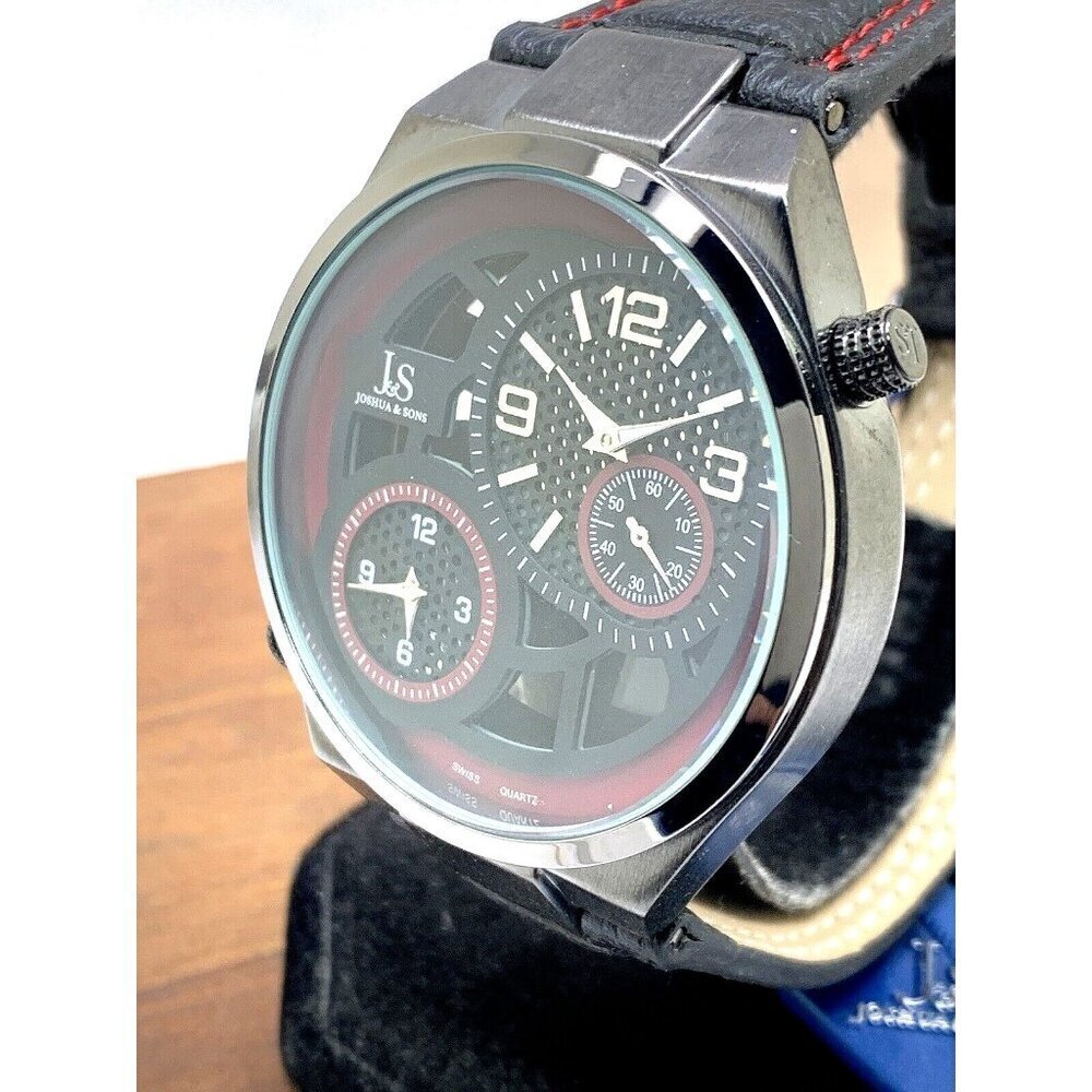 Joshua & Sons Men's Watch JS83 Quartz Dual Time Zone Red Black Dial Leat…